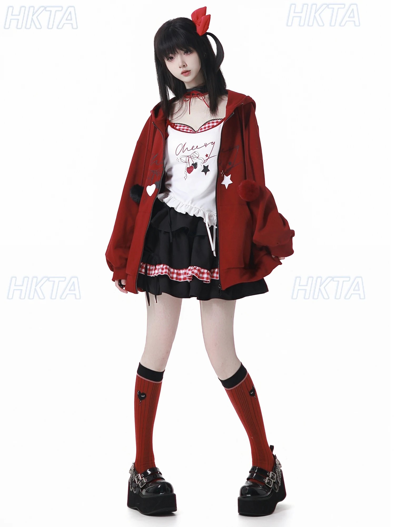 Doce e legal outono solto carta impressão moletom com capuz casaco curto suspender colete inchado bolo saia senhoras lolita terno feminino