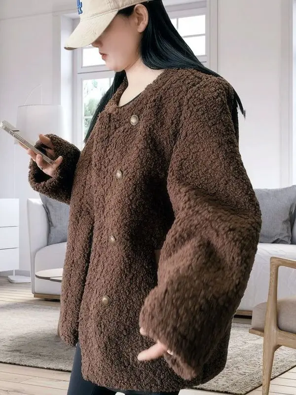 

Thickened Lamb Velvet Warm Coat Women's Loose Double Row Button Autumn Winter New Style Retro Color Big Fire Trending O...