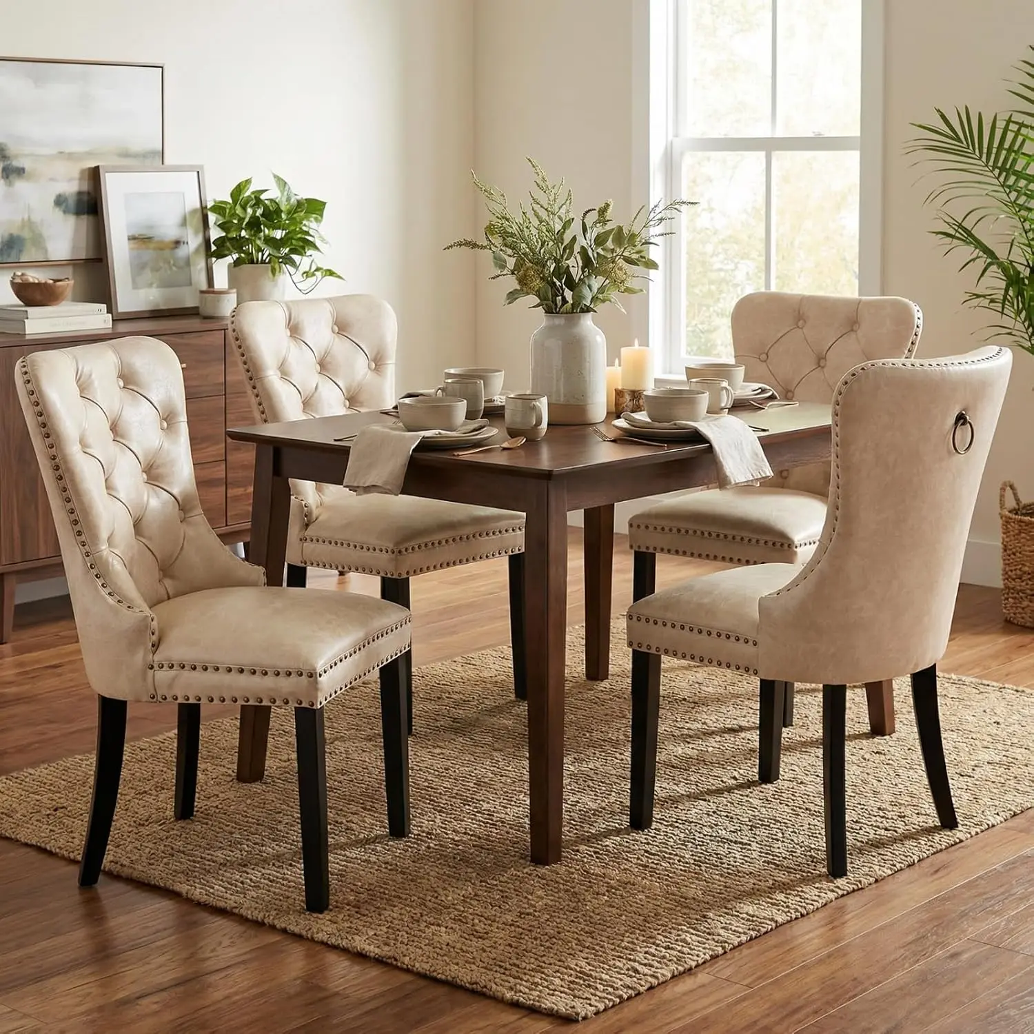 Beige Leather Dining Chairs Set of 4 Mid Century Modern Dining Room Chairs Tufted Upholstered Kitchen Dining Chairs, Customized