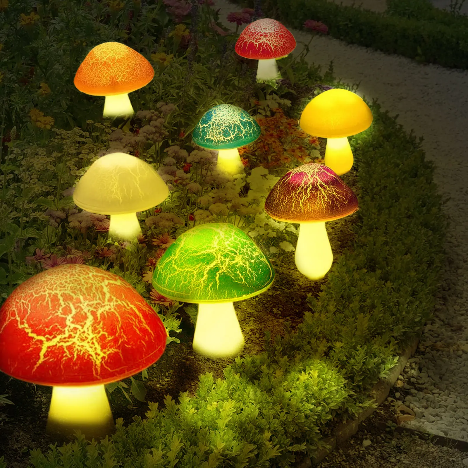 8 Pack Cracked Mushroom Solar Lights Halloween Christmas Multicolored Mushroom Lamp Waterproof Stake Lights Garden Decoration