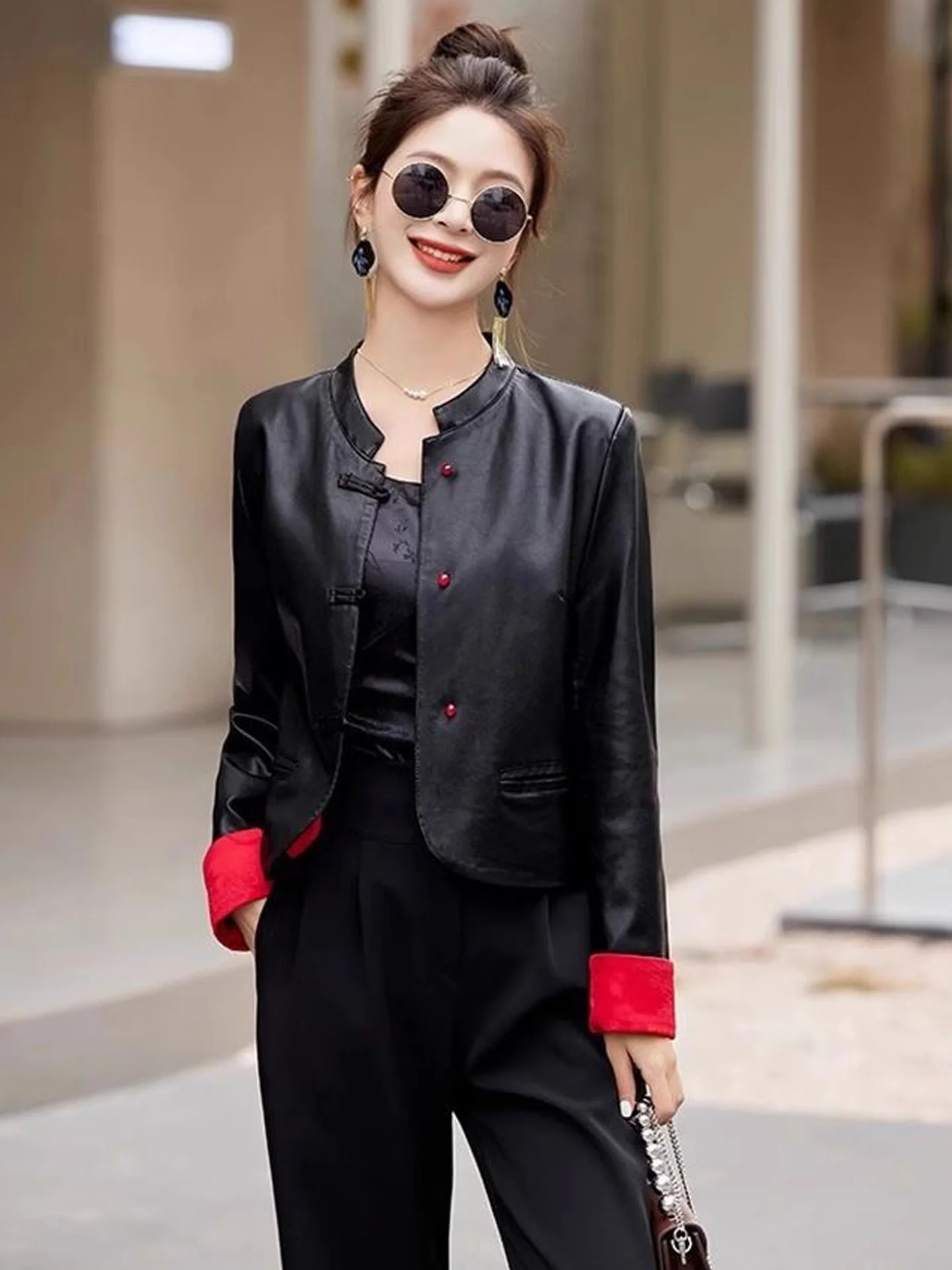 

Spring 2026 Slim Fit ort Chinese Sle Women's Leather Jaet Coat Design Faionable Slimming Zipper PU Leather Jaet