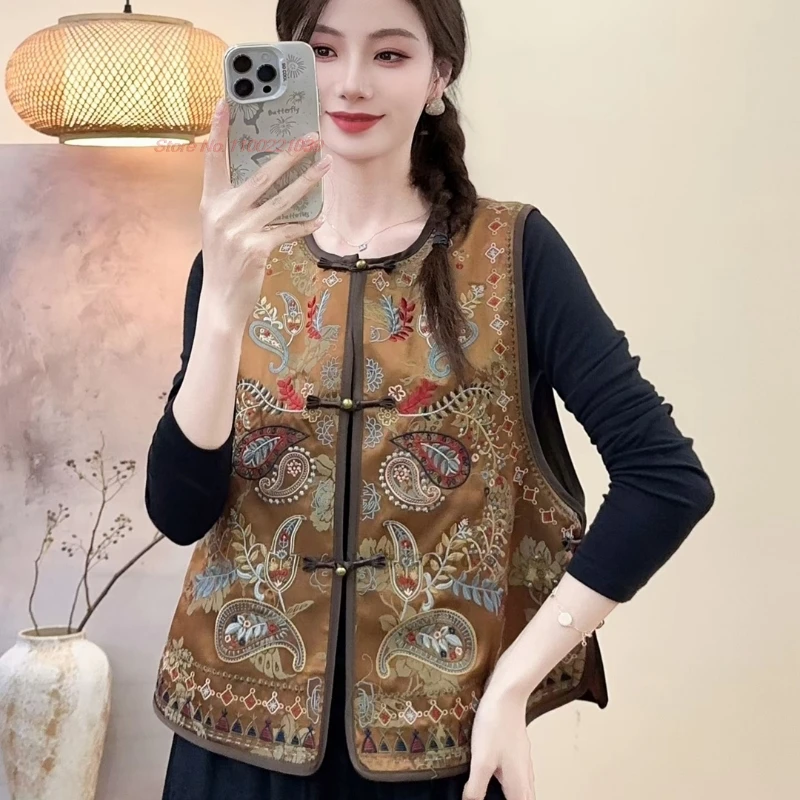 2025 الصينية خمر hanfu القمم الرجعية الساتان الجاكار س الرقبة سترة الوطنية زهرة التطريز جاكيت بلا إكمام سترة الشعبية العرقية #4