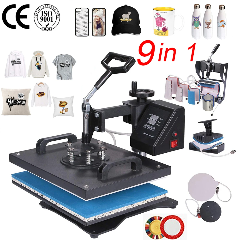 Double Display 9 in 1 Combo Heat Press Printer Machine Thermal Transfer  for Hat/Mug/Plate/T-shirts Printing 