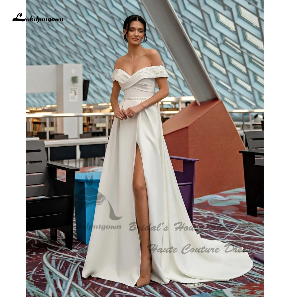 Lakshmigown Moderne Satin-Hochzeitskleider Schulterfrei 2026 Sexy Damen A-Linie Kirchen-Dinner-Brautkleider Seitenschlitz Maßanfertigung – Detail 5