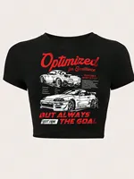 Women's Retro Car and Letter Positioning Print Crop Top, Short Sleeved T-shirt, Round Neck, Y2K Style, Summer Women Clothing