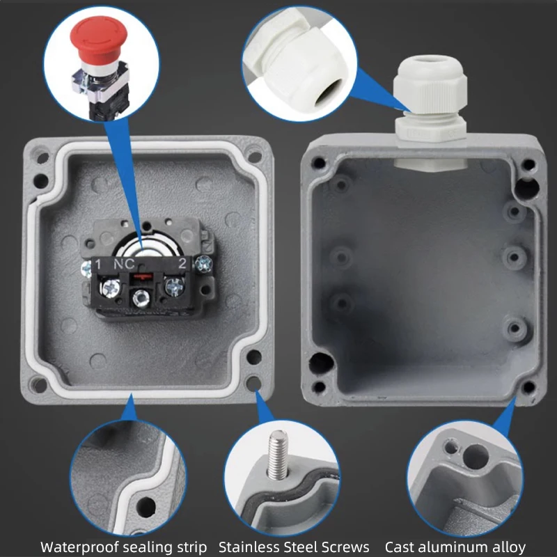 2P Metal Push Button Switch Control Box Cast Aluminum Waterproof IP54 Splash Proof Emergency Stop Start Reset