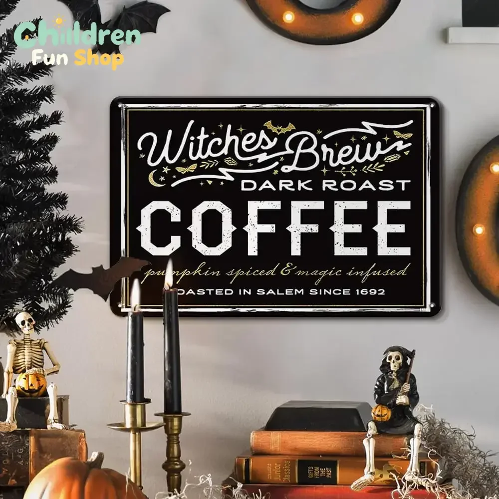 Halloween Decor Witch Decor Witches Brew Dark Roast Coffee Metal Tin Sign for Bar Cafe Coffee Garage Kitchen Wall Decor Retro