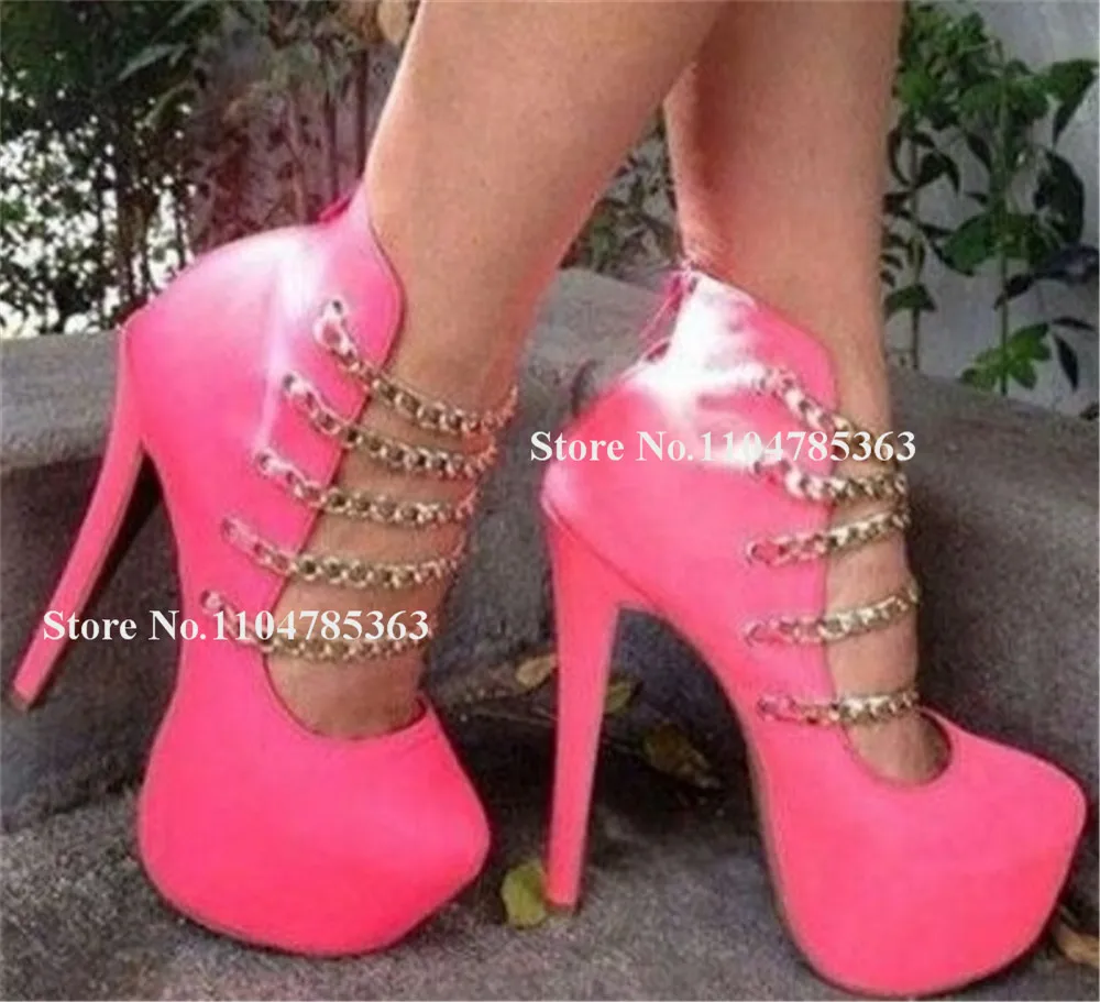 

Fashion Gold Chains Cross Stiletto Heel Pumps Round Toe Pink Yellow Orange Suede High Platform Thin Heel Party Shoes