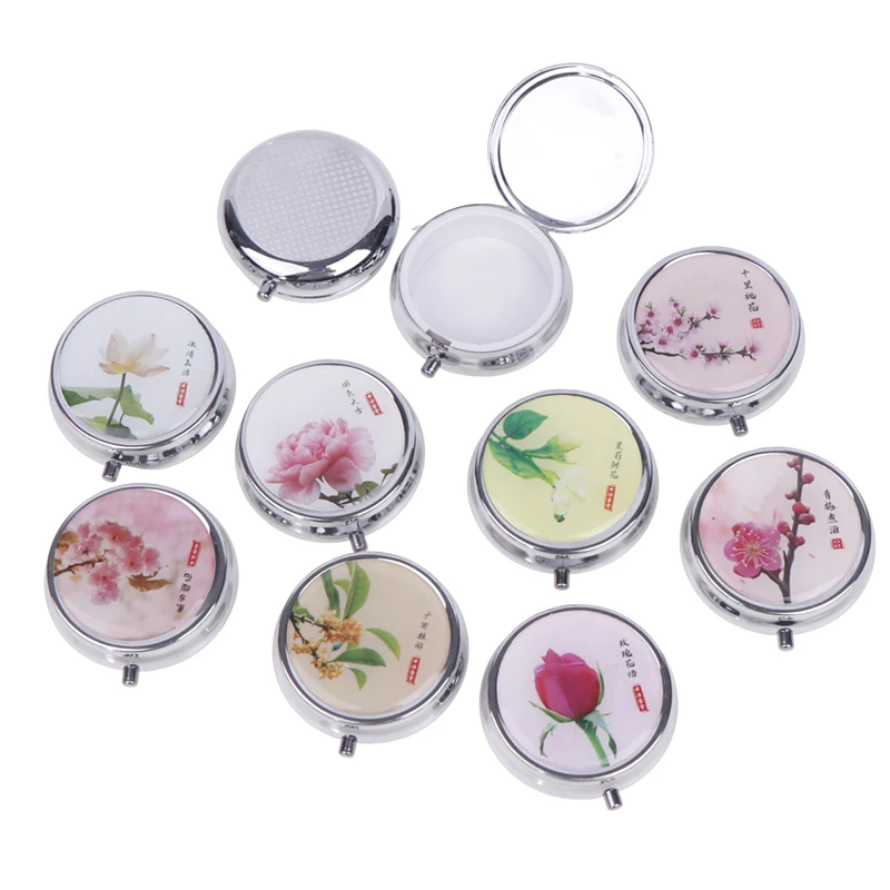 Flowers Metal Pill Boxes Stainless Steel Round Pill Boxes Medicine Organizer Container Medicine Case Splitters Pill Box