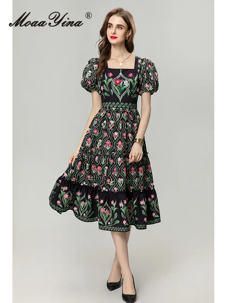 

MoaaYina 2024 Summer Fashion Runway High Quality Dress Women Flowers Print Diamond Beanding Square Collar Holiday Casual Dress