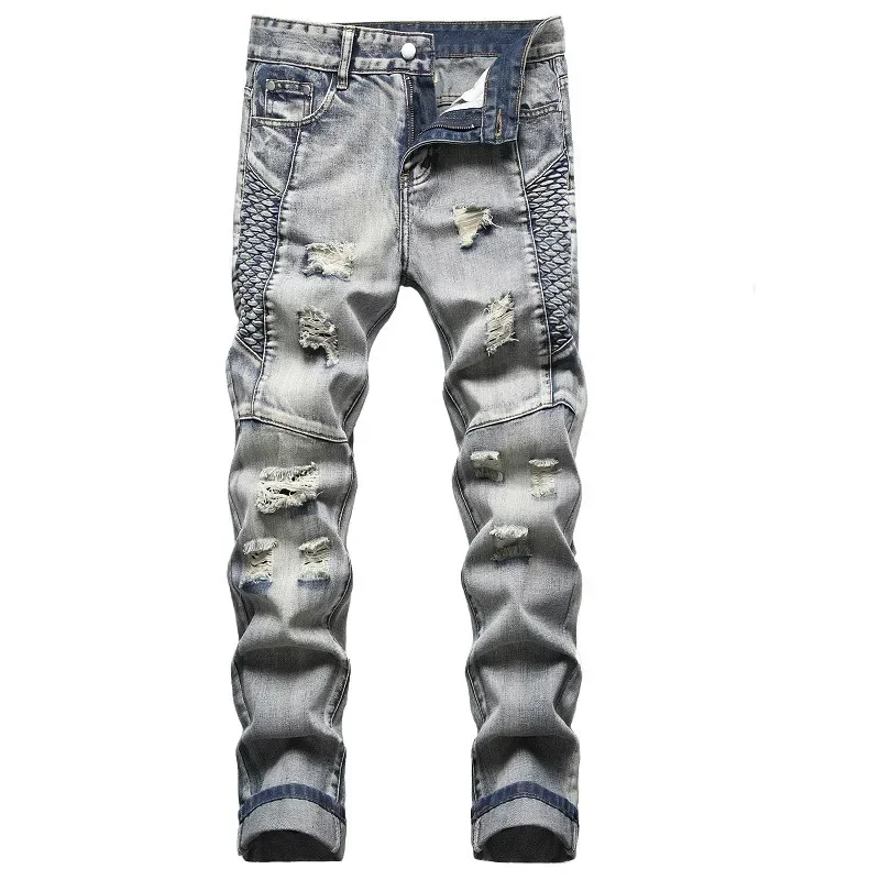 

European and American Fashionable Nostalgic Jeans, Men's Individualistic Embroidered Ripped Slimming Skinny Long Pants.