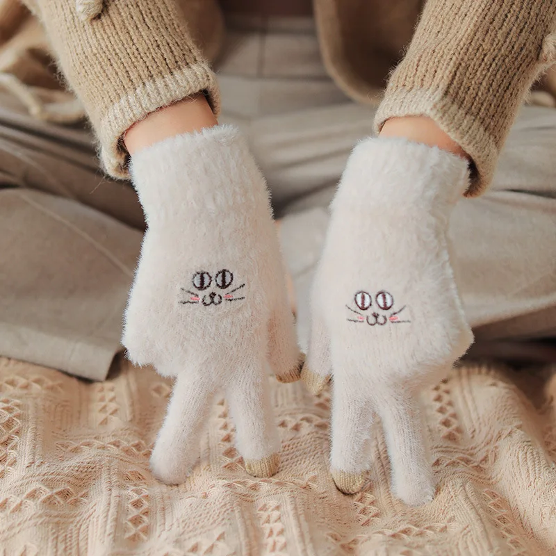 قفازات محبوكة دافئة من القطيفة في الخريف والشتاء قفازات نسائية لركوب الدراجات سميكة مقاومة للرياح والباردة تعمل باللمس قفازات تحديد الأصابع