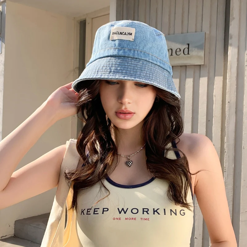 Spring and Autumn New Women's Denim Fisherman Hat Letter Outdoor Street Fashion Cotton Bell Decorative Bowl Cap