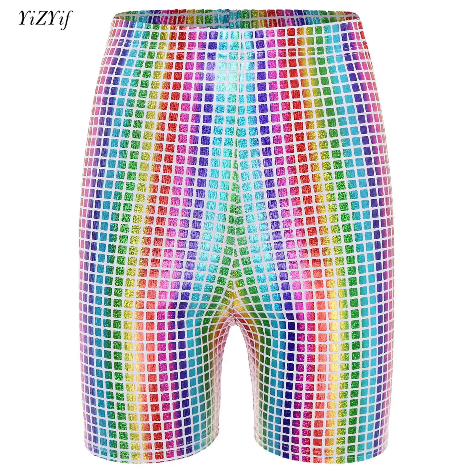 

Womens Mens Holographic Sequin Bodycon Shorts 2025 Elastic Waistband Skinny Boxer Shorts for Dancing Rave Hot Party Performance