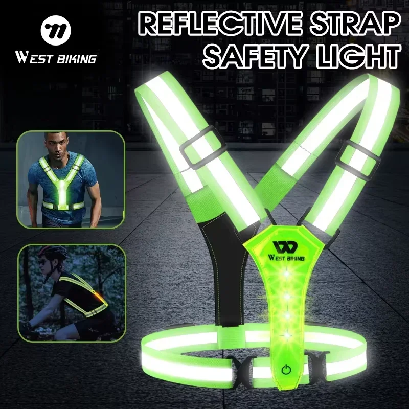WEST BIKING Reflective Led Light Vest Adjustable Elastic Safety Harness Usb Rechargeable Night Running Cycling Warning Reflective Vest