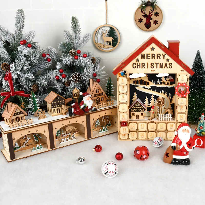 Christmas Gift Christmas Decoration Luminous Handmade Wooden Calendar Chronograph Box Ornaments Window Table Layout