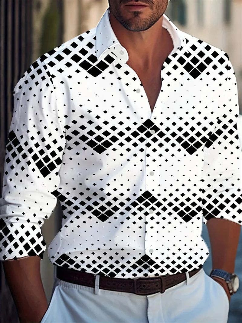 2025 Camisa casual con botones para hombre Primavera/Verano Camiseta estampada de manga larga a la moda y cómoda para uso diario