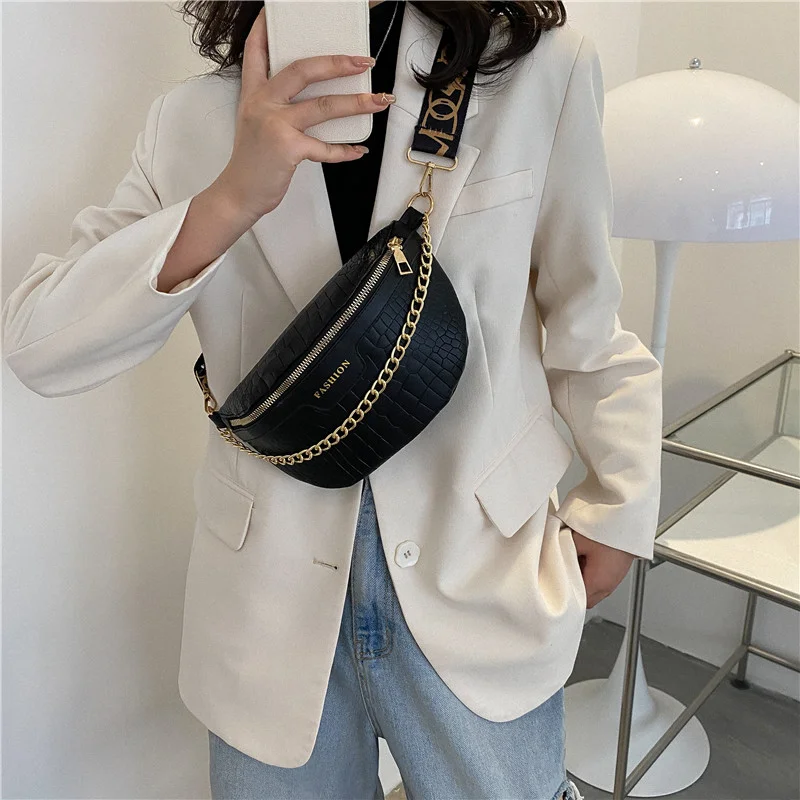 Vintage Crocodile Pattern PU Fanny Packs For Women 2022 Elegant Chain Waist Bag Female Waist Pack Wide Strap Crossbody Chest Bag