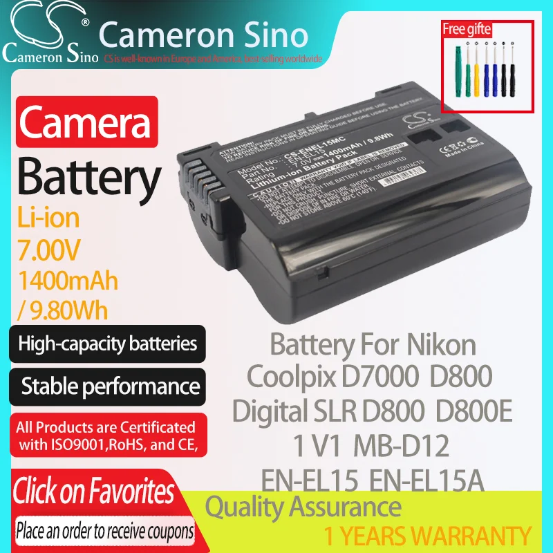 CameronSino Battery for Nikon Coolpix D7000 D800 Digital SLR D800 D800E MB-D12 D600 fits Nikon EN-EL15 Digital camera Batteries