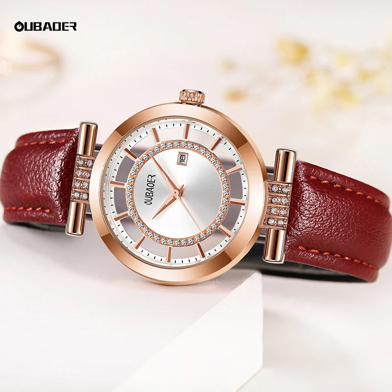OUBAOER Women Elegant Series Watch Woman Japanese Movement Cowhide Leather Strap Dial Waterproof Fashion Ladies Wristwatch