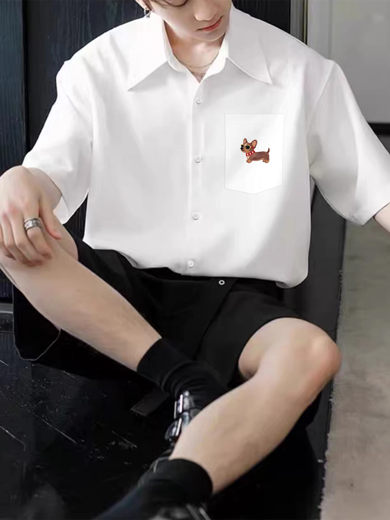 Summer Fashion Trendy Men's Casual Short-Sleeve Shirt Featuring a Playful Cartoon Corgi Print, Simple and Lightweight Design