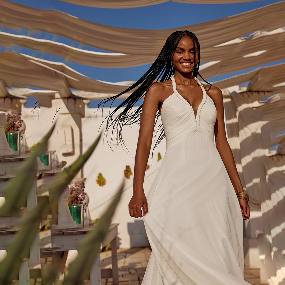 ชุดแต่งงาน ZIBUYU แบบสั่งตัด ดีไซน์หรูหรา โรแมนติก คอ halter คอลึกแบบวี แขนกุด ดีไซน์จับจีบ ช่วงหลังเปลือย ทรงเอไลน์