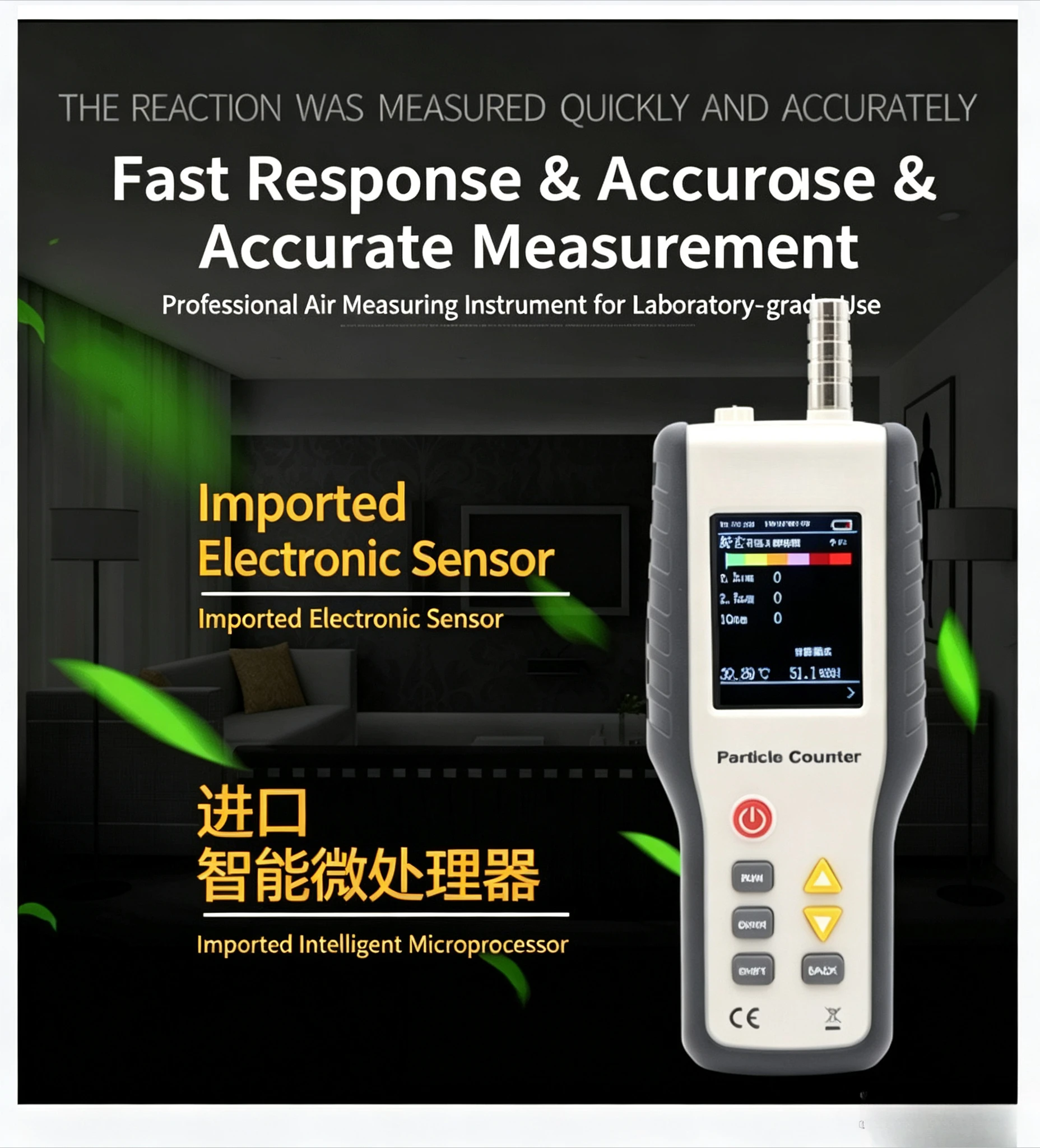 Particle Counter PM2.5 Detector Handheld Dust Particle Analyzer For Clean Room ISO Class 100‑1000, USB Cable Included