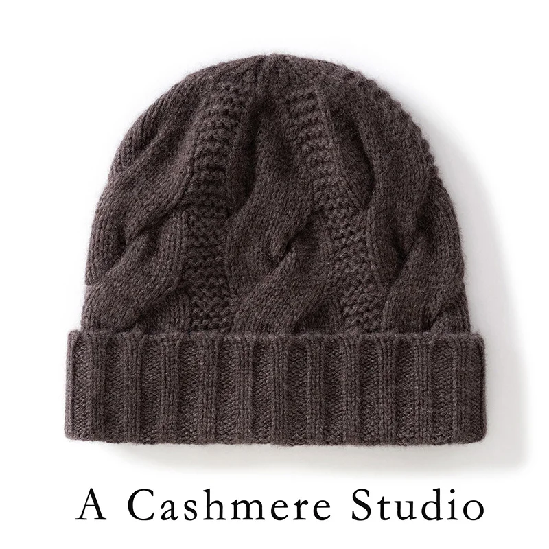 شتاء جديد المرأة الكشمير الخالص في الهواء الطلق محبوك مكبل قبعة فول بلون الملتوية زهرة سميكة الدافئة الرجال قبعة صغيرة #5