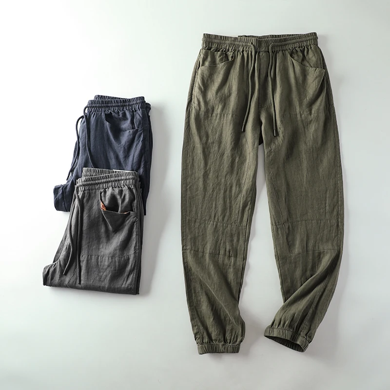 

Cooling Feeling Linen like Fabric Men's Spring Summer Thin Casual Pants Breathable Comfortable Waist Elastic Cuffed Leisure T...