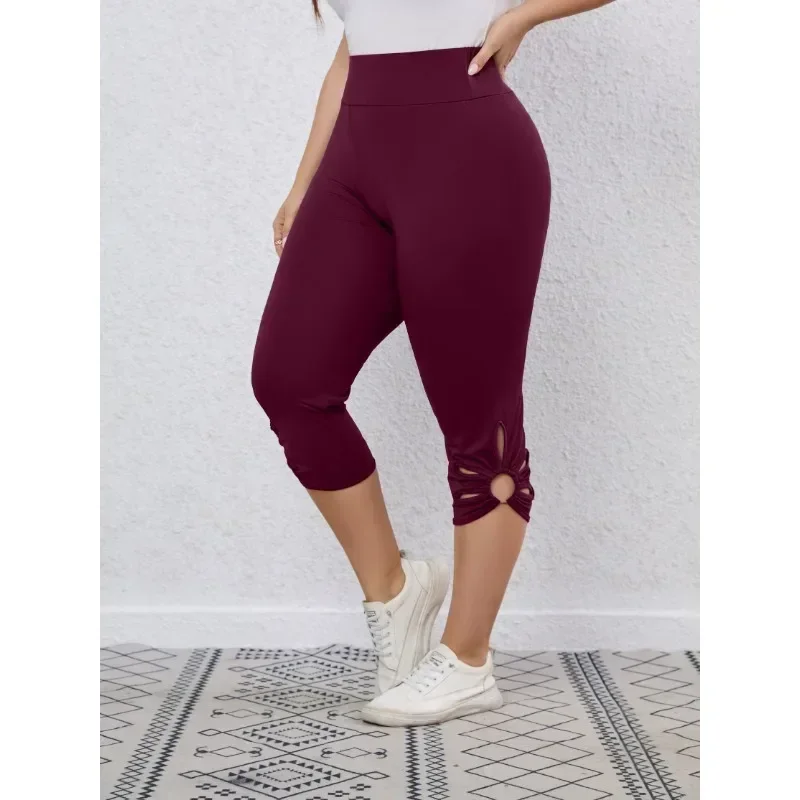 Plus Size Summer Women\'s High Waisted and High Elastic Solid Color Tight Pants Hollow Out Elegant Yoga Pants Cropped Pants