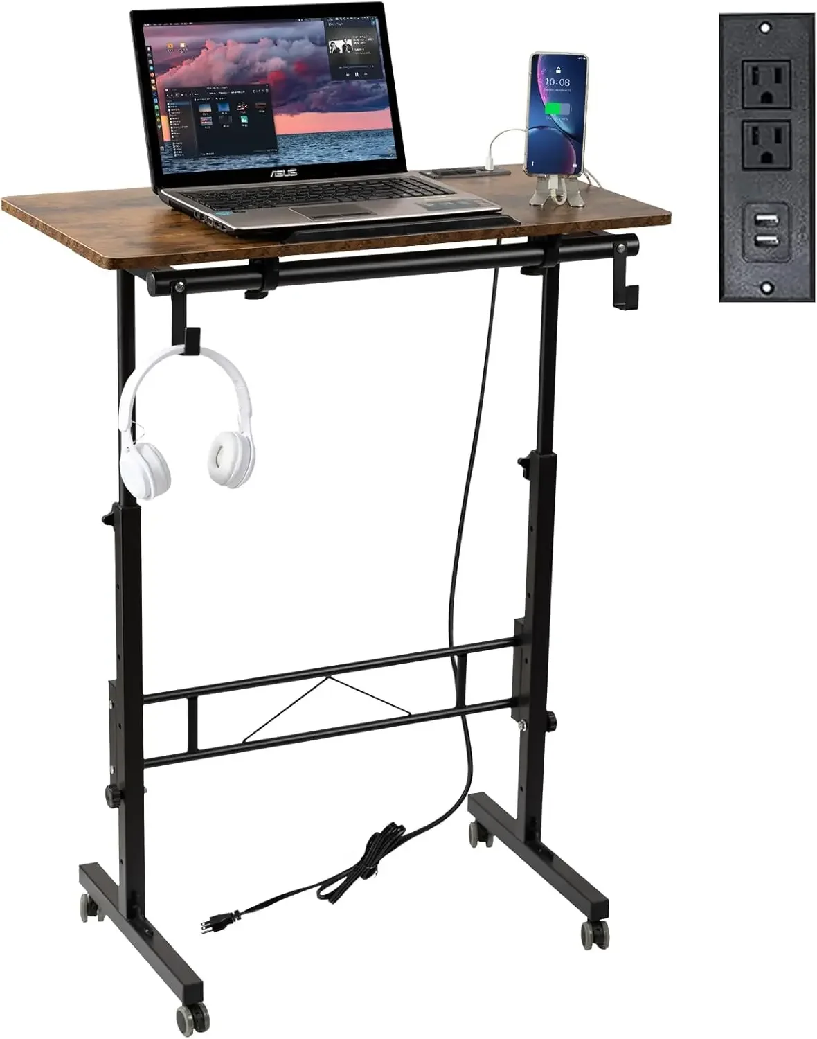

Standing Desk Height Adjustable with Tiltable Tabletop, Rolling Laptop Desk with Charging Station, Sit Stand Portable Stand Up