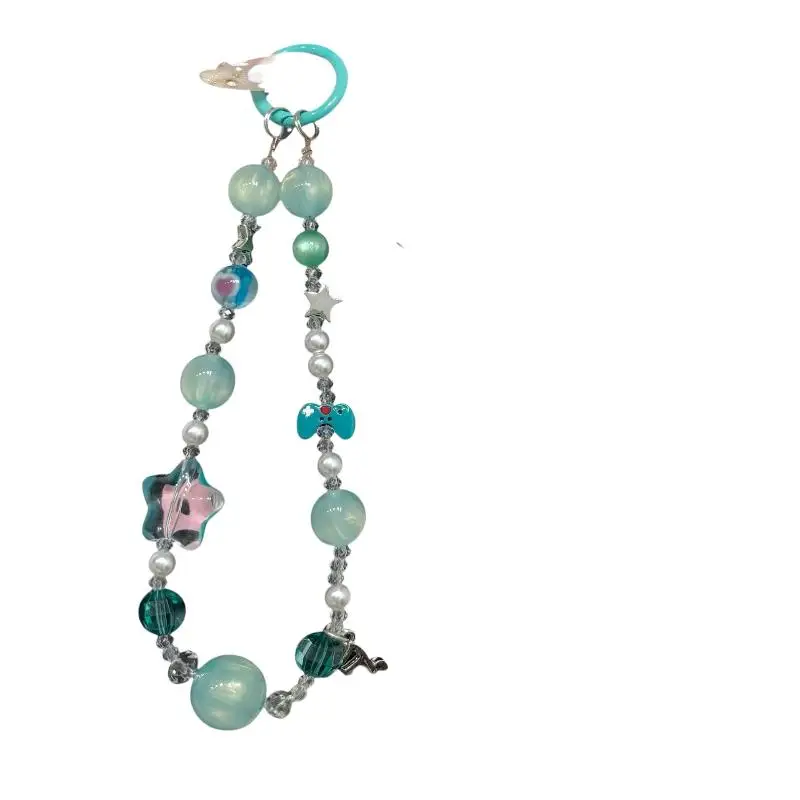 Ins Popular Light Blue Beaded Phone Charm Strap Anti-Loss Star Pearl Bow Accent for Women Phone Purse Hanging Decor - view 6