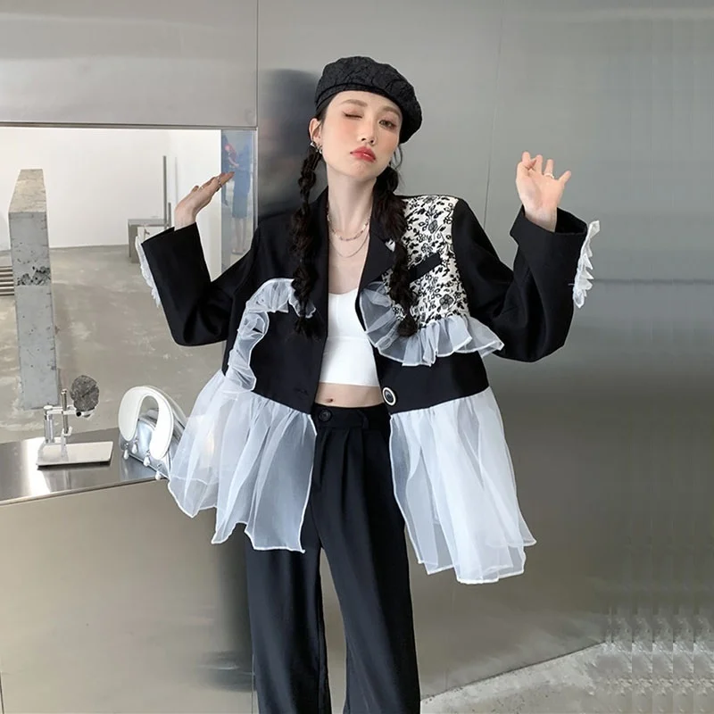 Vintage Floral Printing Stitching Mesh Ruffles Black Suit Jacket Spring New Women Korean Casual Lapel Long Sleeve Blazers Coat