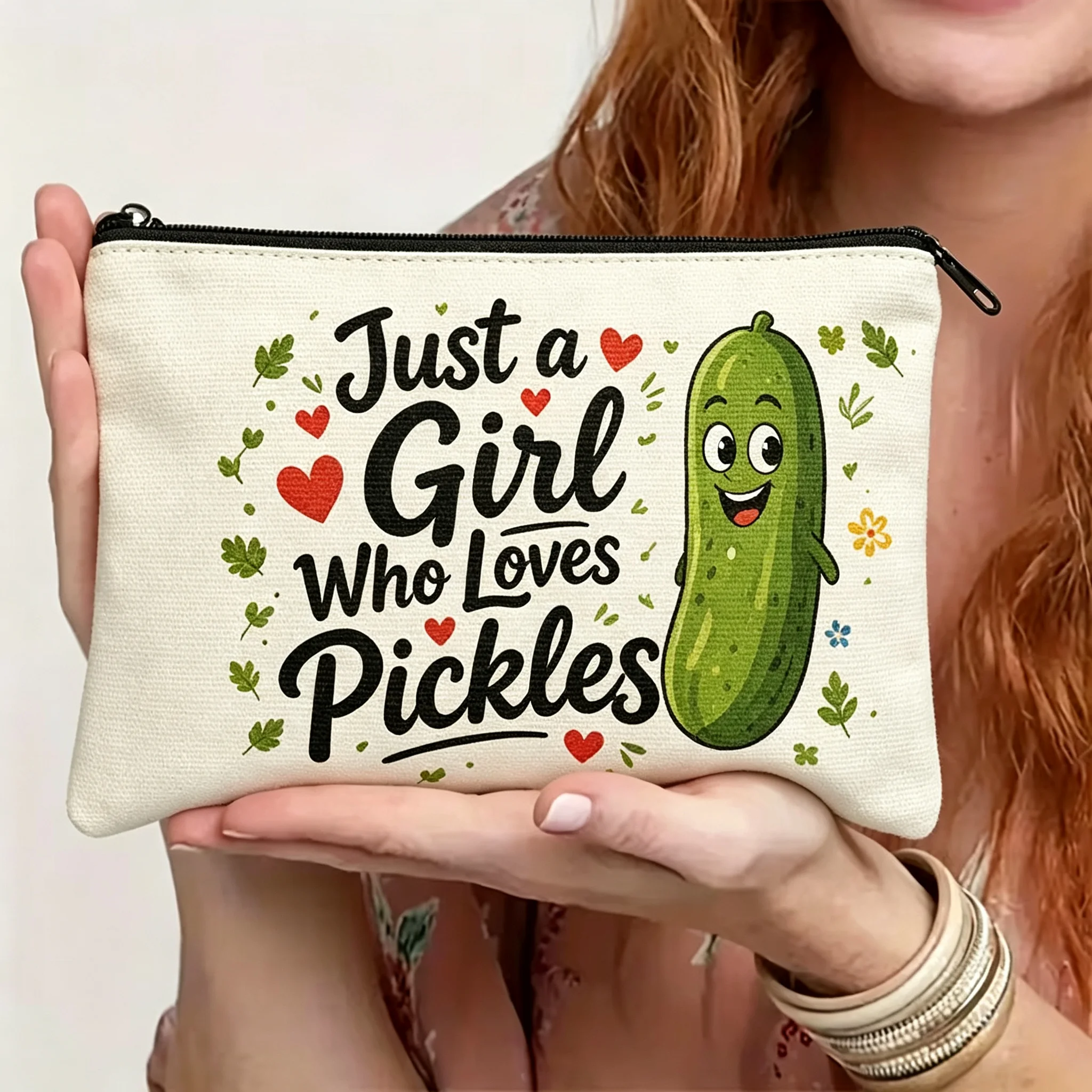 Just A Girl Who Loves Pickles Zipper Pouch,Funny Pickle Canvas Cosmetic Bag,Travel Makeup Pouch Cute Pickle Lover Gift