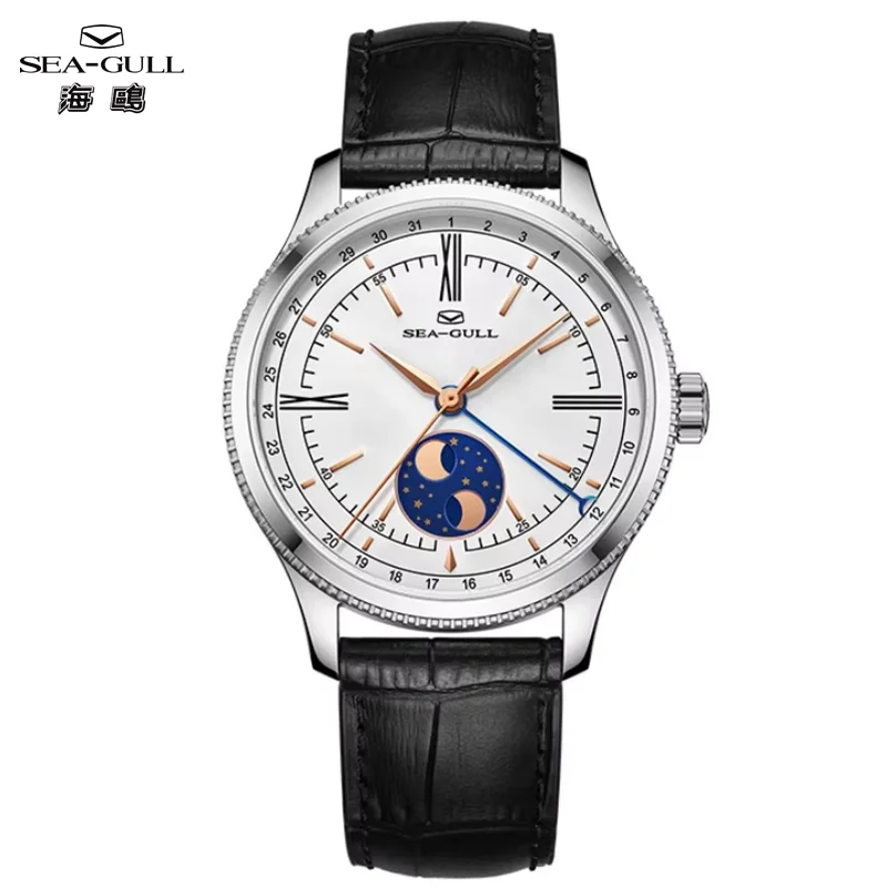 Seagull Men Watch Automatic Mechanical Watches Moon Phase Calendar Wristwatch Roman Numerical Marker Dress Watch for Men 6170