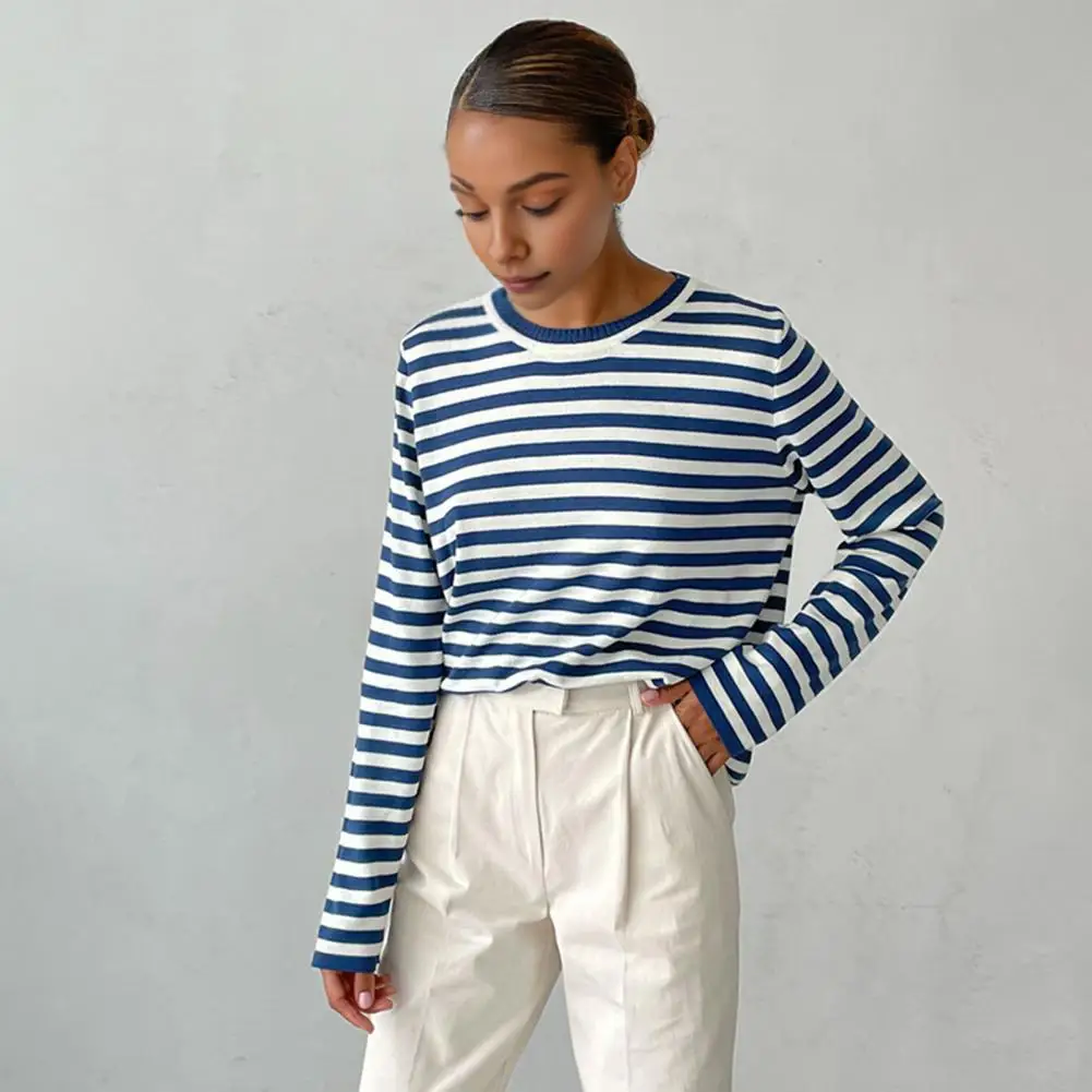 Casual Women Top Striped Print Sweater Loose Fit Women's Top for Daily Wear with Retro Knitting Design Stretchy Fabric Women