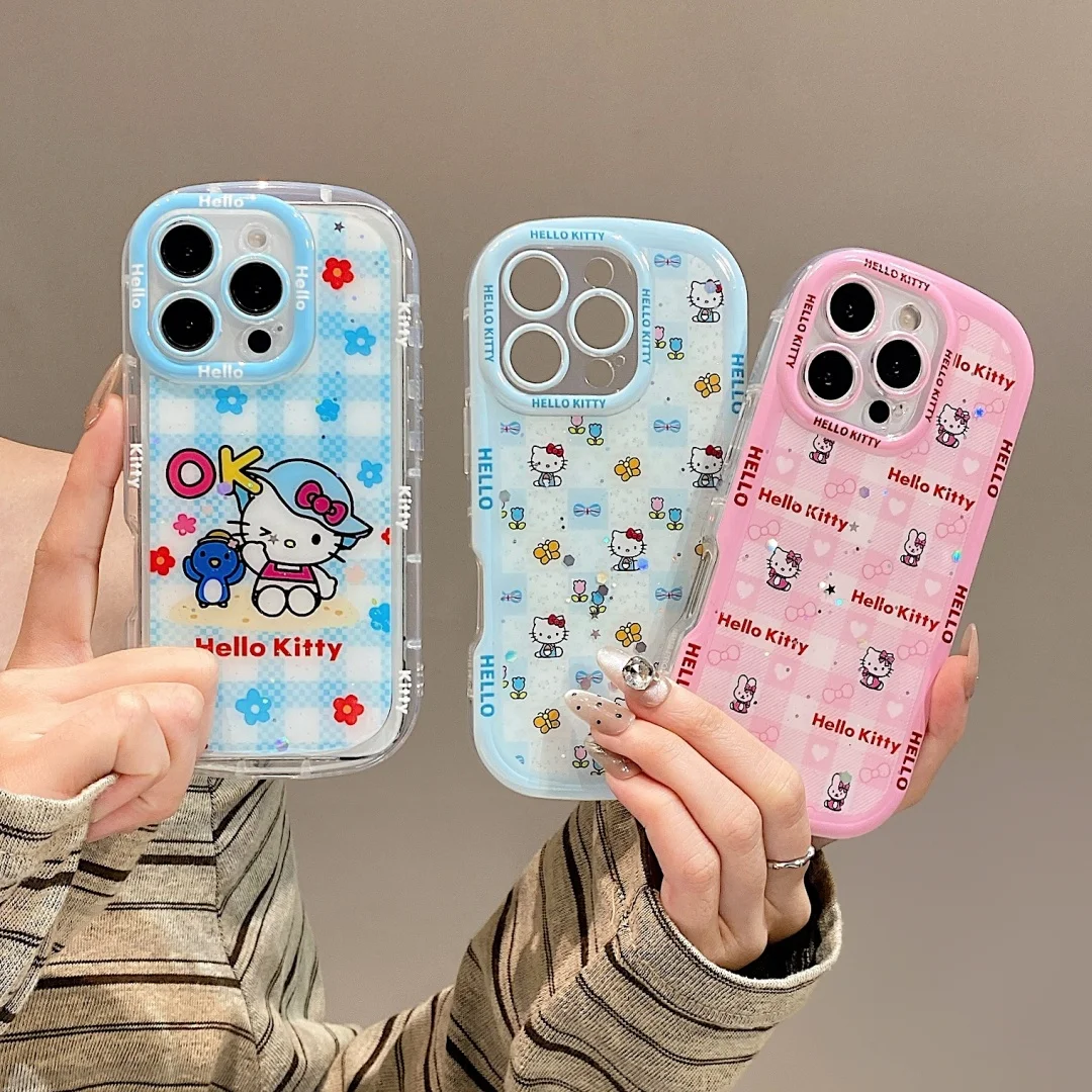 

Cartoon Pink Blue Checkered Hello Kitty Cute Phone Case For iPhone 16 15 14 13 Pro Max Y2K Anti-drop Airbag back Cover For Girls