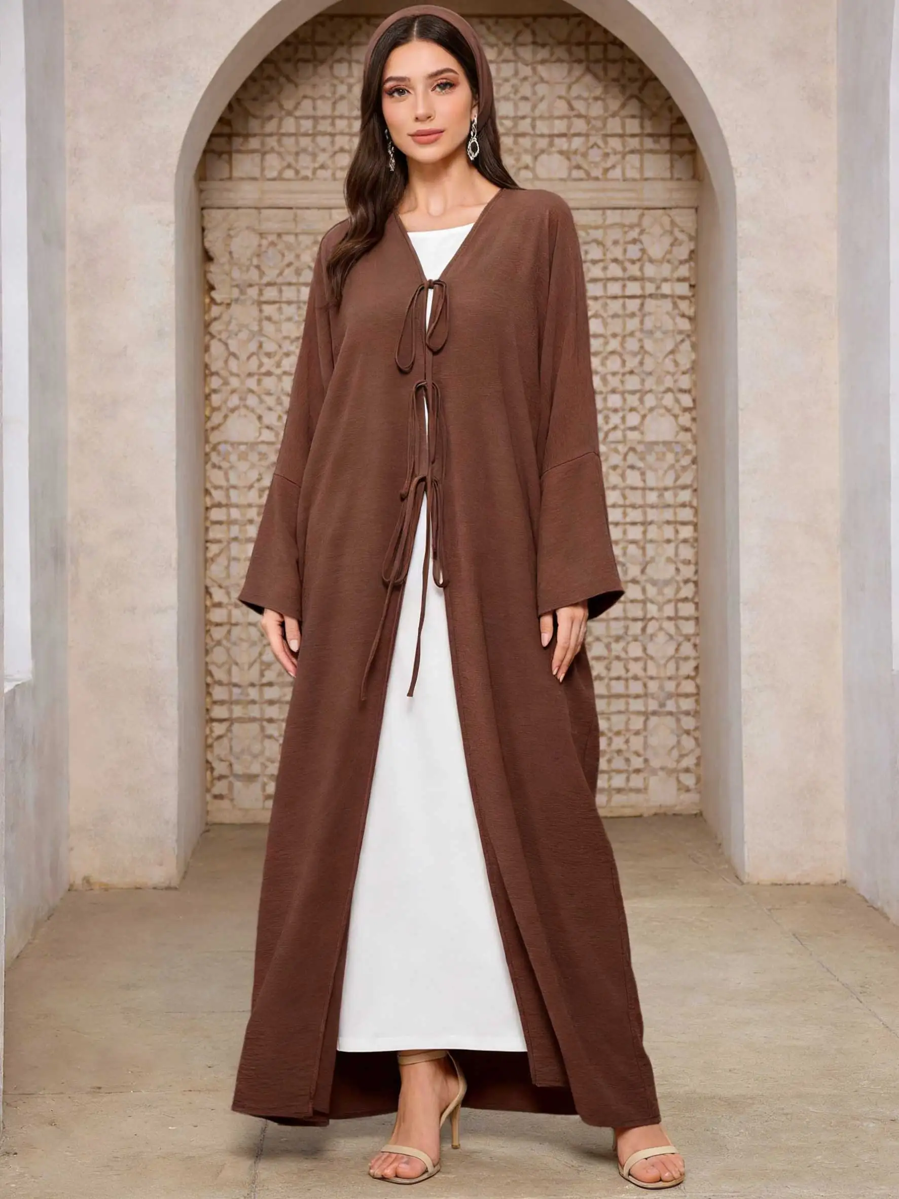 

Элегантная темно-шоколадно-коричневая абайя оверсайз с V-образным вырезом, завязками спереди и свободными рукавами, женский мусульманский марокканский кафтан, джалабия для Рамадана