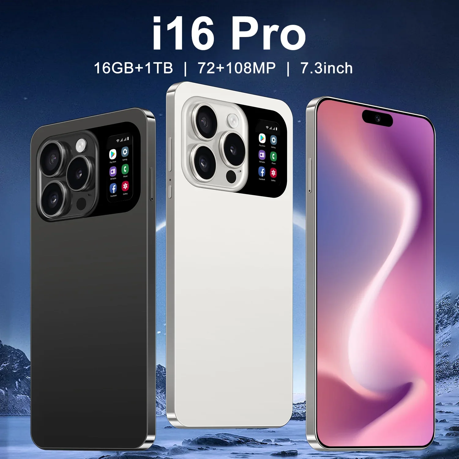 I16 Pro New Smartphone 5G 7.3-inch High-definition Android 13 Snapdragon 8gen2 10core Dual SIM Phone 6800mAh Unlocking CellPhone