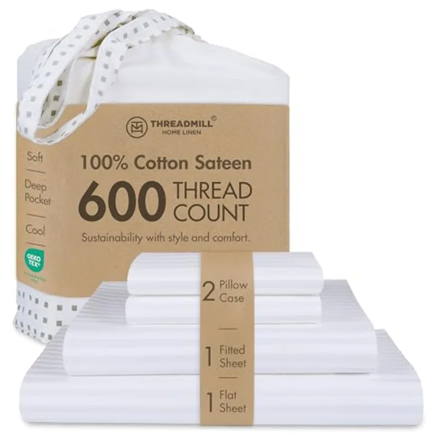 

100% Cotton Sheets for Size Bed - 600 Thread Count Bed Sheets Set with 16" Deep Pocket - Damask Stripe Sateen Weave 4-Piece Bed