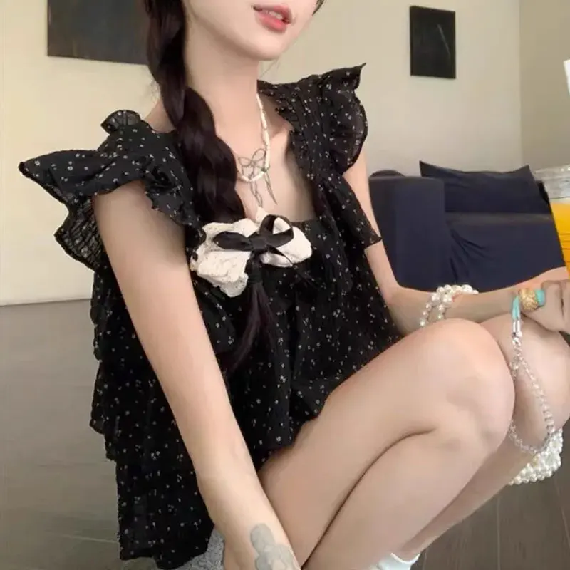 

French Style Sweet Broken Flowers Chiffon Blouse Summer New Flying Sleeve Women's Clothing Sleeveless Loose Square Collar Shirts