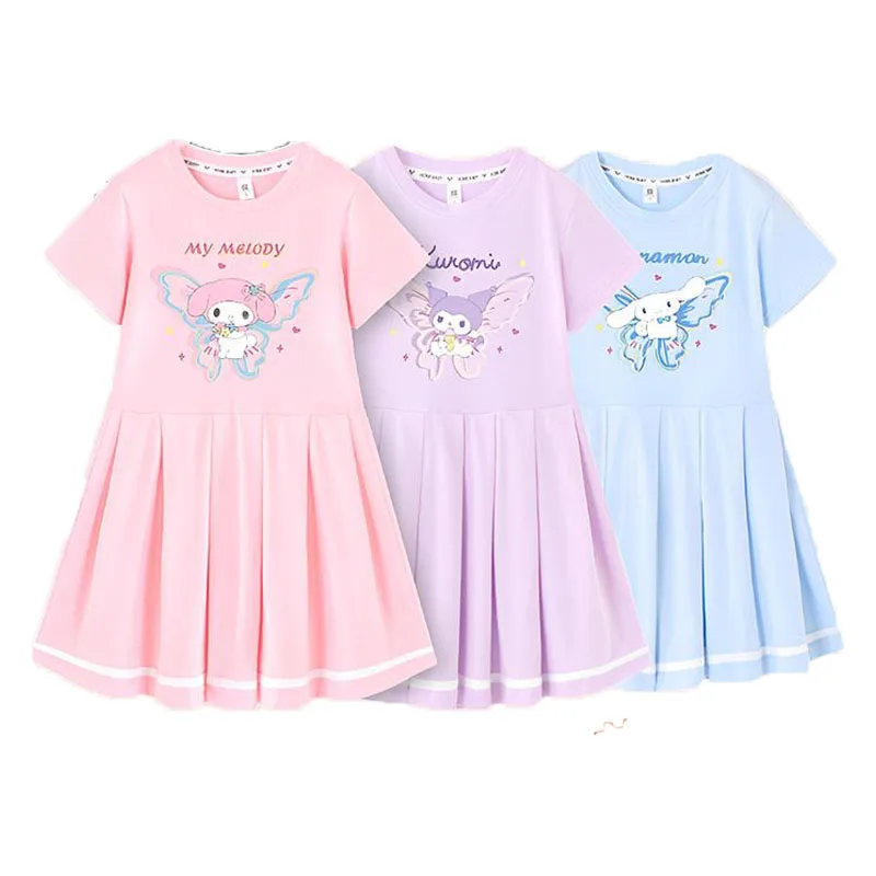 Meisjes Jurk Met Korte Mouwen Kawaii Sanrios Mijn Melodie Geplooide Rok Schattige Cinnamoroll Kuromi Mode Prinsessenjurk Zomer Kinderkleding