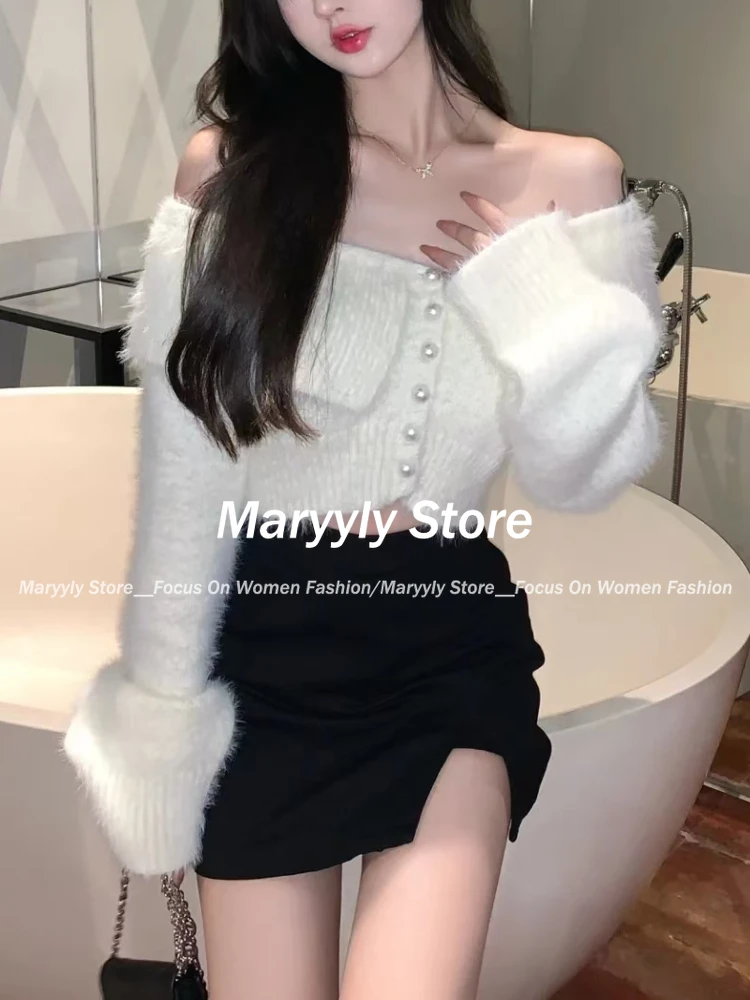 2024 Autumn Women Sexy White Y2k Cardigan Office Lady Long Sleeve Tops Bodycon V-Neck French Blouse Korean Fashion Outfits