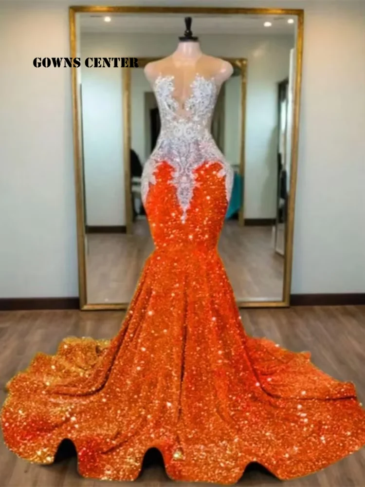 

Orange Sequin Bead Crystal Long Prom Dresses For Black Girl Appliques Party Dresses Women 2025 Sequin Formal Gown Customized