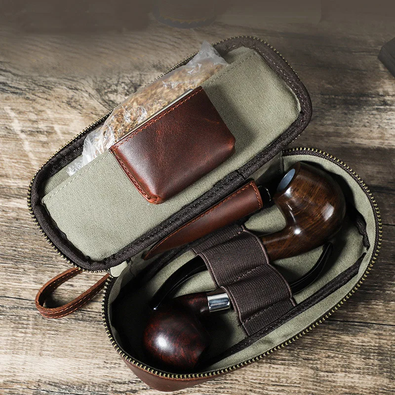 

Portable Genuine Leather Tobacco Pipe Bag Can Hold Two Pipes Zippered Cigarette Holder Smoking Paper Holder Case Wallet Bag
