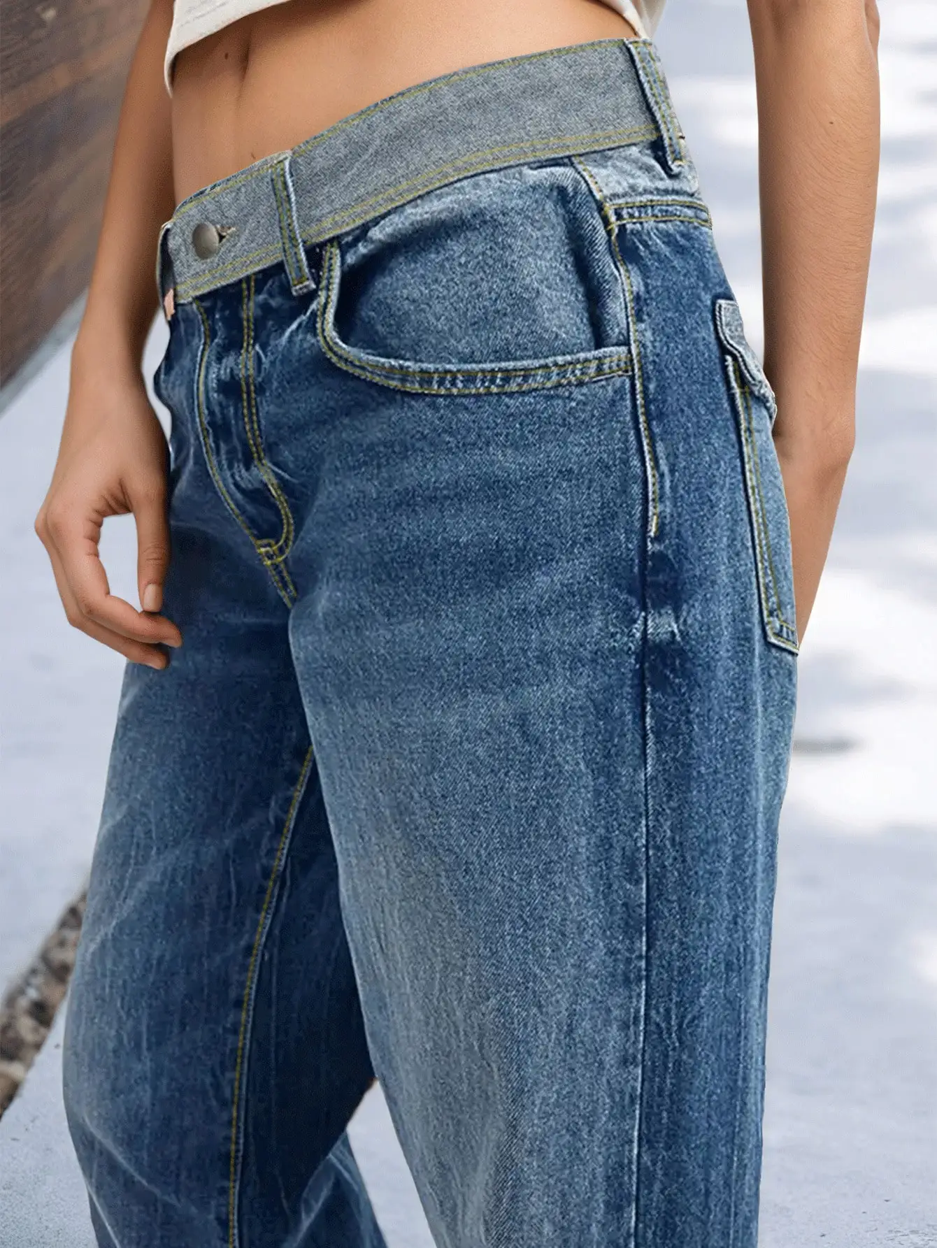 Jean en denim délavé à revers pour femme – Vêtements décontractés élégants et confortables