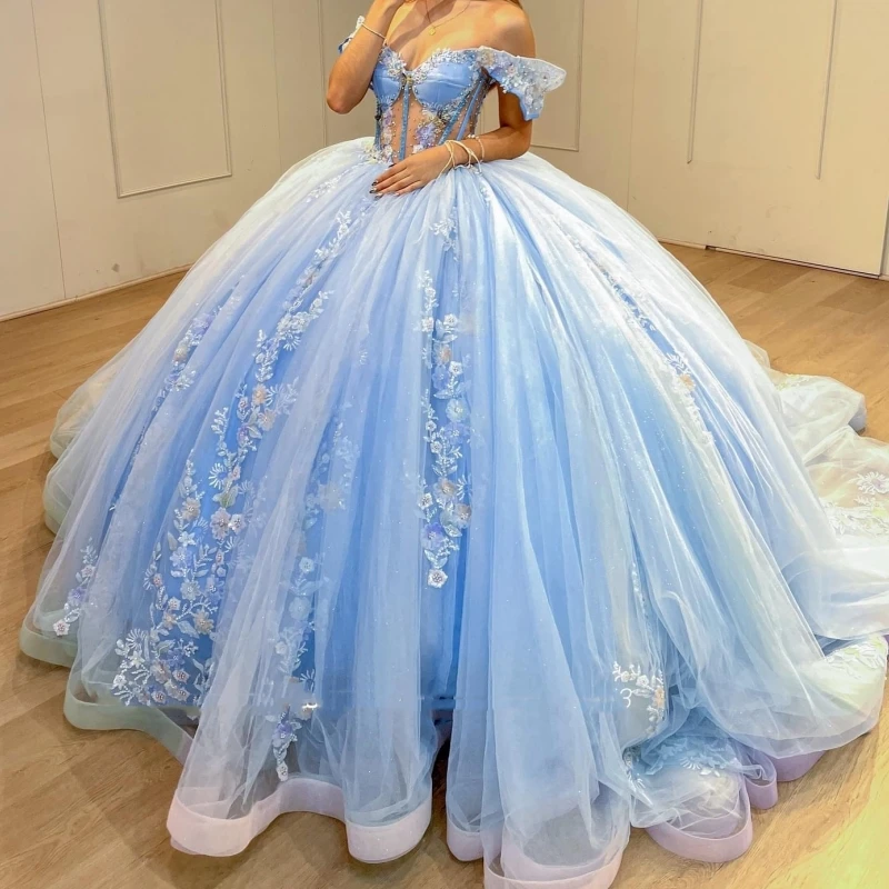 

Charming Sky Blue Sweet 15 16 Girl Quinceanera Dresses Off Shoulder Sheer Floral Applique Ball Gown Dance Queen Women Prom Party