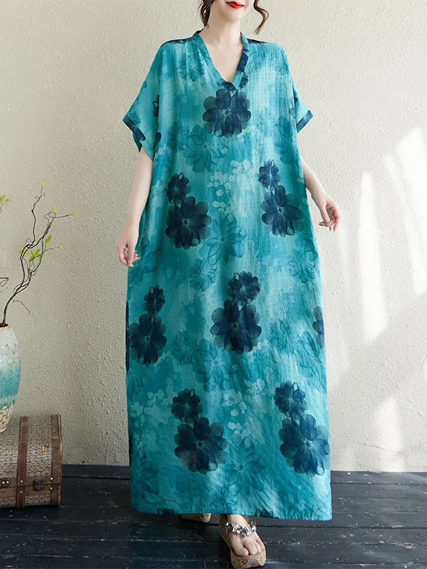 Vacation Style Long Beach Skirt Loose Fit V-Neck Cotton Linen Wrap Sleeve Maxi Dress for plus Size Women Summer Casual Wear