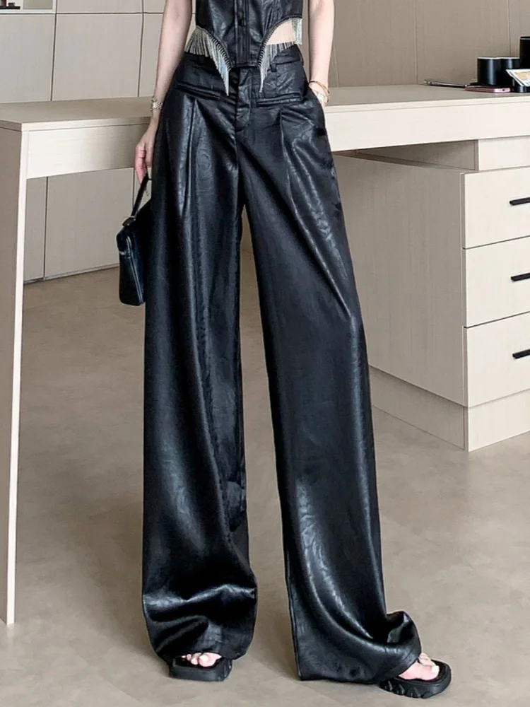 

American PU Leather Pants Women's Pants High Waist Droop Casual Straight Pants Loose Suit Wide-leg Pants