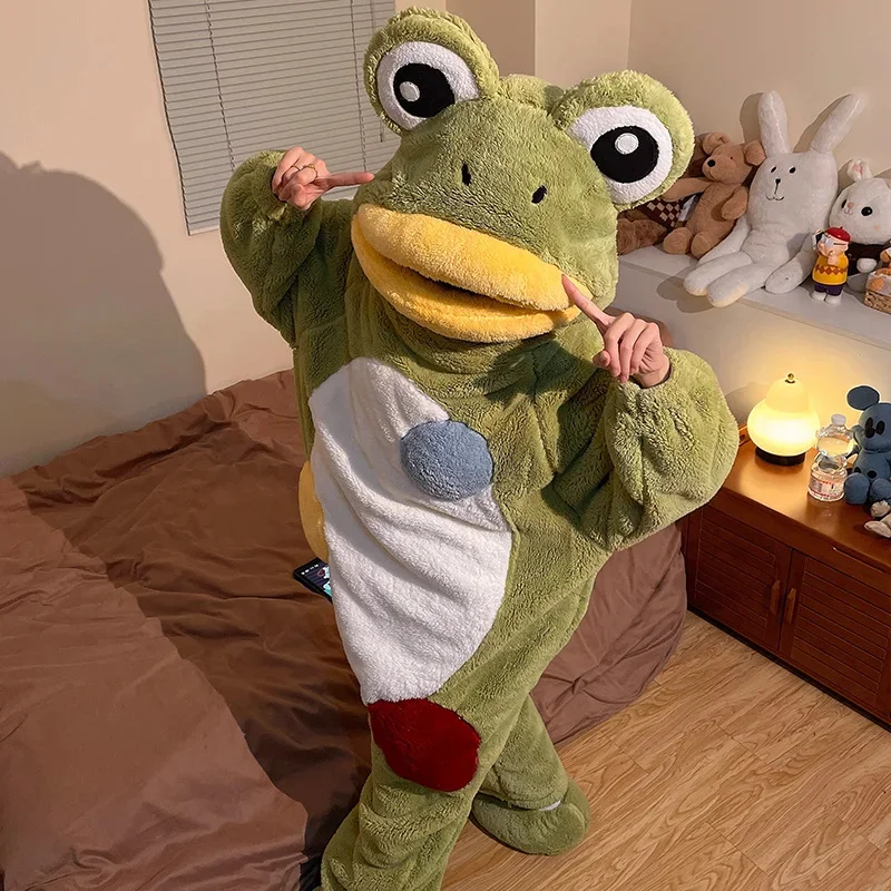 3D Ugly Pajama Frog Conjoined Animal Coral Velvet Thick Velvet Autumn Winter Ins Funny Internet Celebrity Frog Plush Home Set